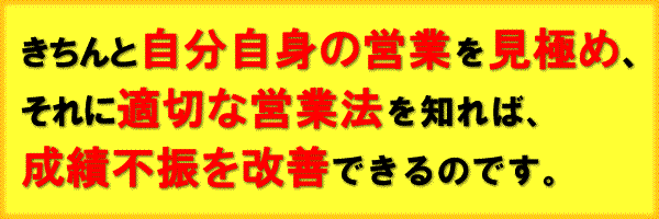 きちんと自分自身の営業を見極め、それに適切な営業法を知れば、
成績不振を改善できるのです。
