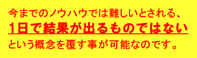 今までのノウハウでは難しいとされる、
1日で結果が出るものではない
という概念を覆す事が可能なのです。
